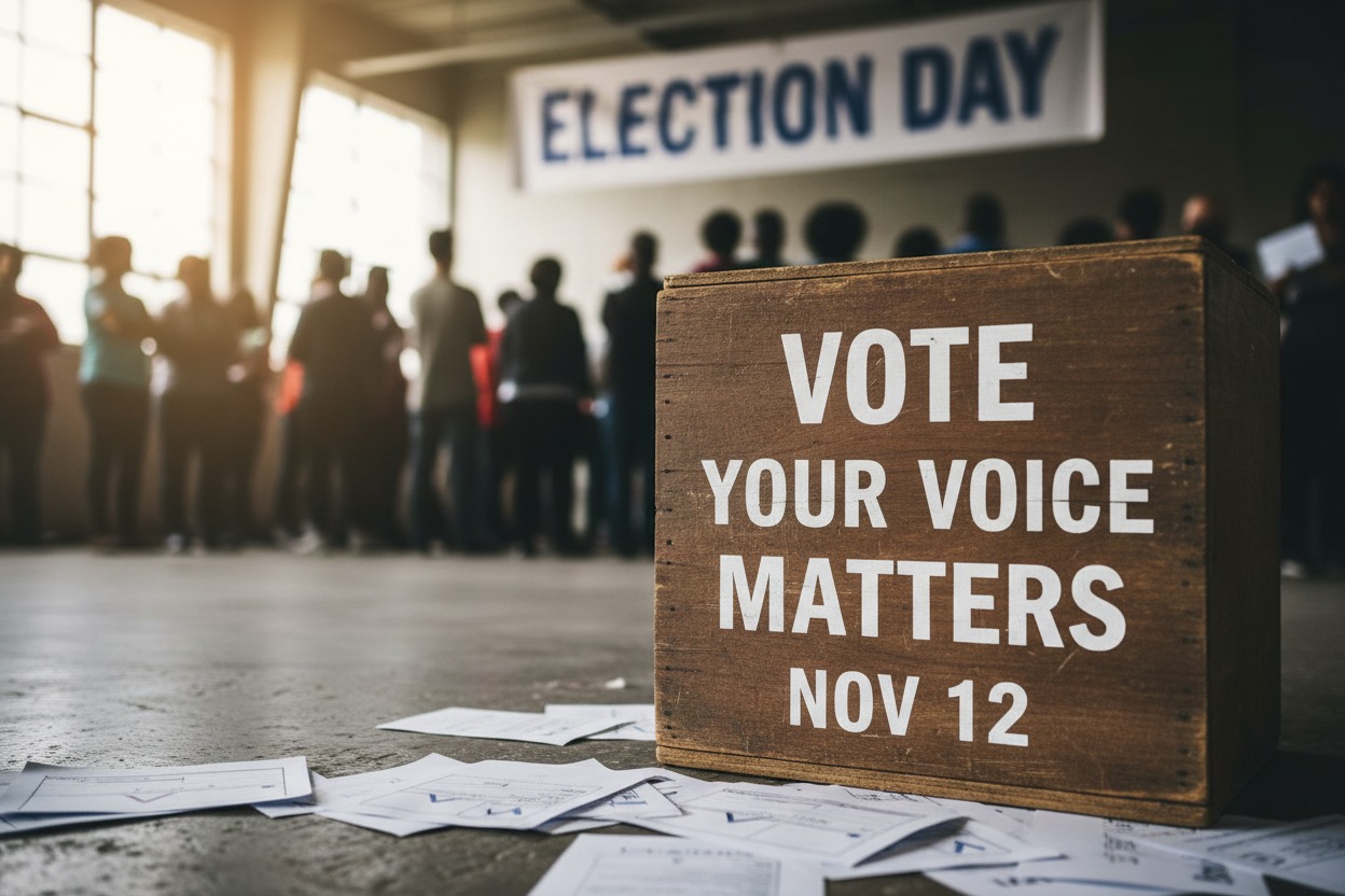 A wooden ballot box with "VOTE YOUR VOICE MATTERS NOV 12" sits in the foreground with scattered papers, while voters wait in line in the background beneath an "ELECTION DAY" banner.